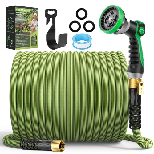 Non-Expandable Garden Hose 100 ft, Ultra Lightweight Flexible Water Hose with 10-Pattern Nozzle, Leak-Proof, High-Density Fabric, Thickened Connector, Shut-Off Valve for Yard, Lawn, Outdoor