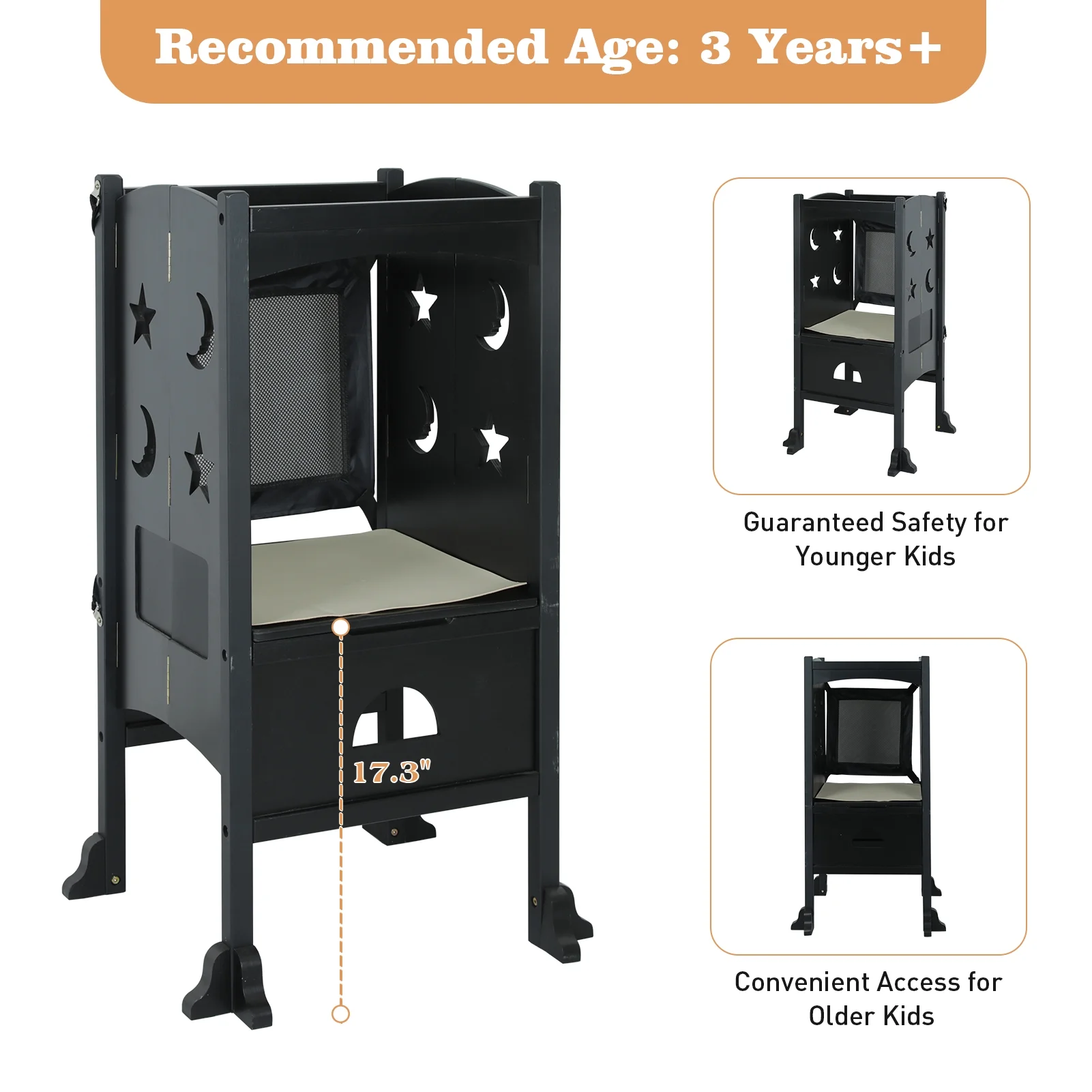 Fionafurn Wooden Kitchen Step Stool, Folding Toddler Stool Counter Kids Kitchen Step Stool,Black