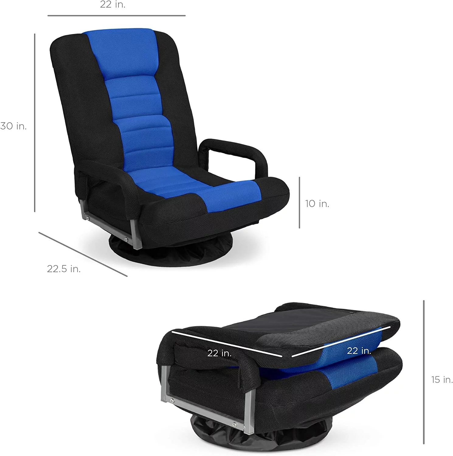 Swivel Gaming Chair 360 Degree Multipurpose Floor Chair Rocker for TV, Reading, Playing Video Games w/Lumbar Support, Armrest Handles, Adjustable Foldable Backrest - Black/Blue