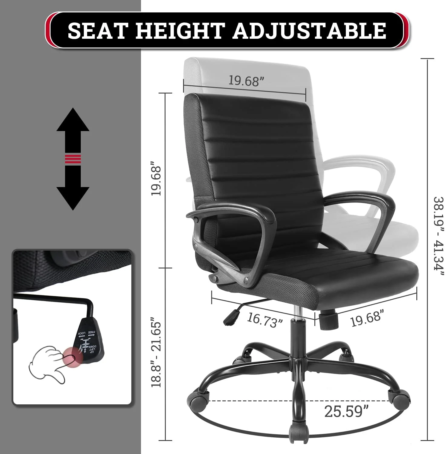 Executive Home Office Chair, Ergonomic Computer Desk Chair Bonded Leather, Adjustable Swivel Rolling Task Chairs Mid Back with Armrests