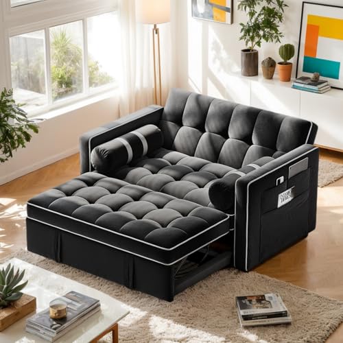 Pipishell 3 in 1 Convertible Sleeper Sofa Bed,Pull Out Couch for Living Room with USB Ports & Side Pockets,Adjustable Backrest,Velvet,Loveseat Sofa Bed,Futon Couches,Black