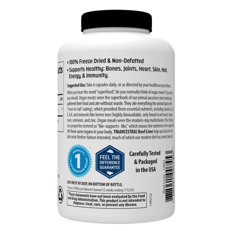 Trace Minerals Ancestral Beef Liver Capsules, 3000 mg Bovine Liver, Pasture Raised, Keto Friendly, 180 Count, 30 Servings