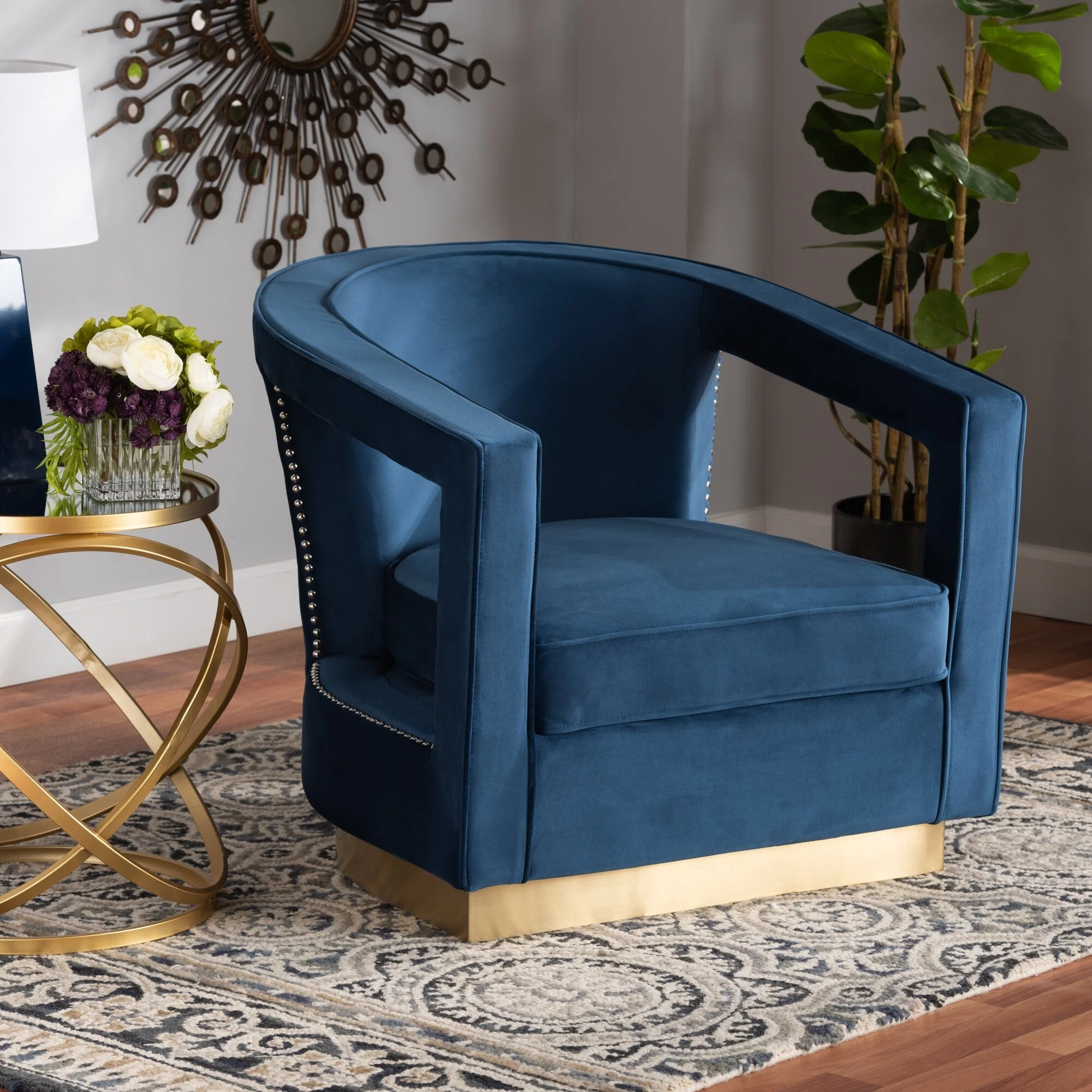 Baxton Studio Neville Modern Luxe and Glam Grey Velvet and Metal Armchair Navy Blue