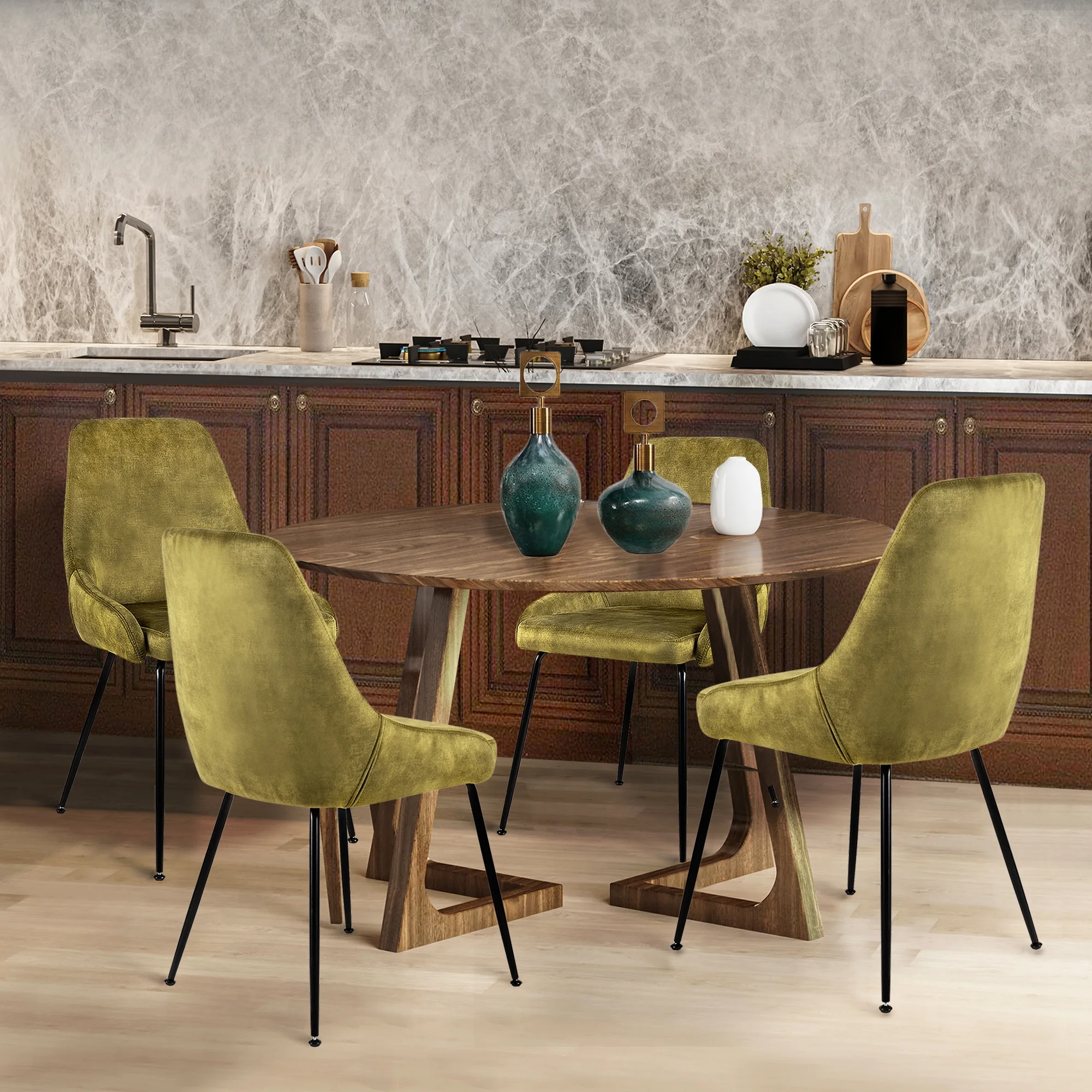 Leejay 5 Piece Kitchen Table Set,Cement Rectangle Dining Table and Green Velvet Dining Chairs