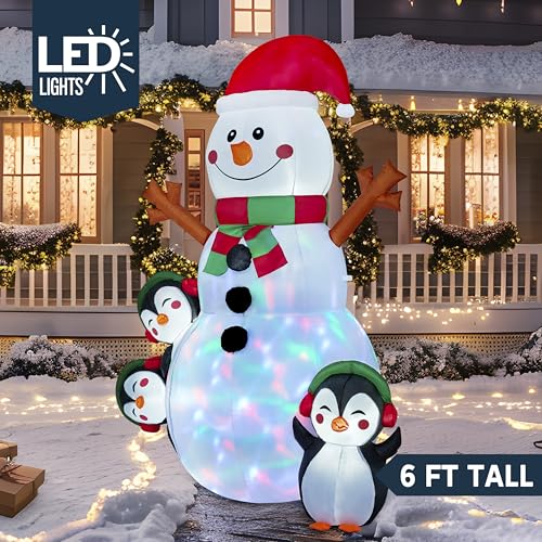 Joiedomi 6 FT Christmas Snowman Inflatable Outdoor Decoration with Build-in Multicolor LEDs, Snowman Penguin Blow Up Inflatables for Xmas Party, Shinny for Party Indoor, Outdoor, Garden Winter Décor