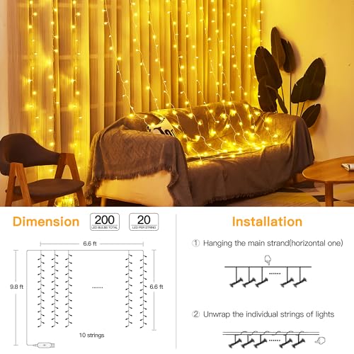 Ollny Curtain Lights 6.6x6.6ft, 200 LED String Lights with Remote 8 Modes Dimmable Timer, USB Power Fairy Light for Bedroom Backdrop Indoor Wall Window Christmas Decorations, Warm White