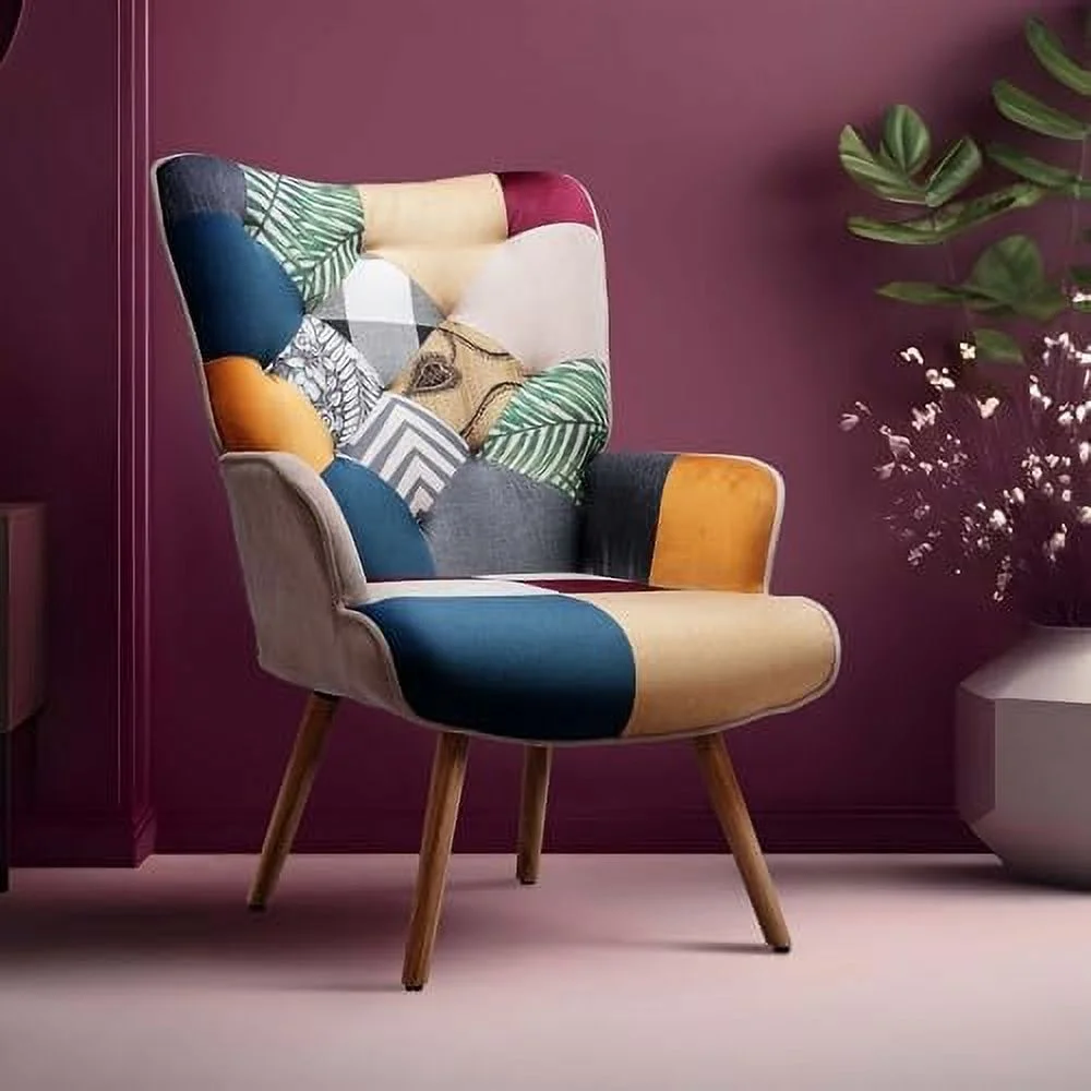TJUNBOLIFE Living Room Accent Chair with High Backrest Wooden Base Upholstered Armchair for Small Spaces Morden Cozy Chair for Bedroom Colorful Plaid Bohemian Style for Bedroom Waiting Ro