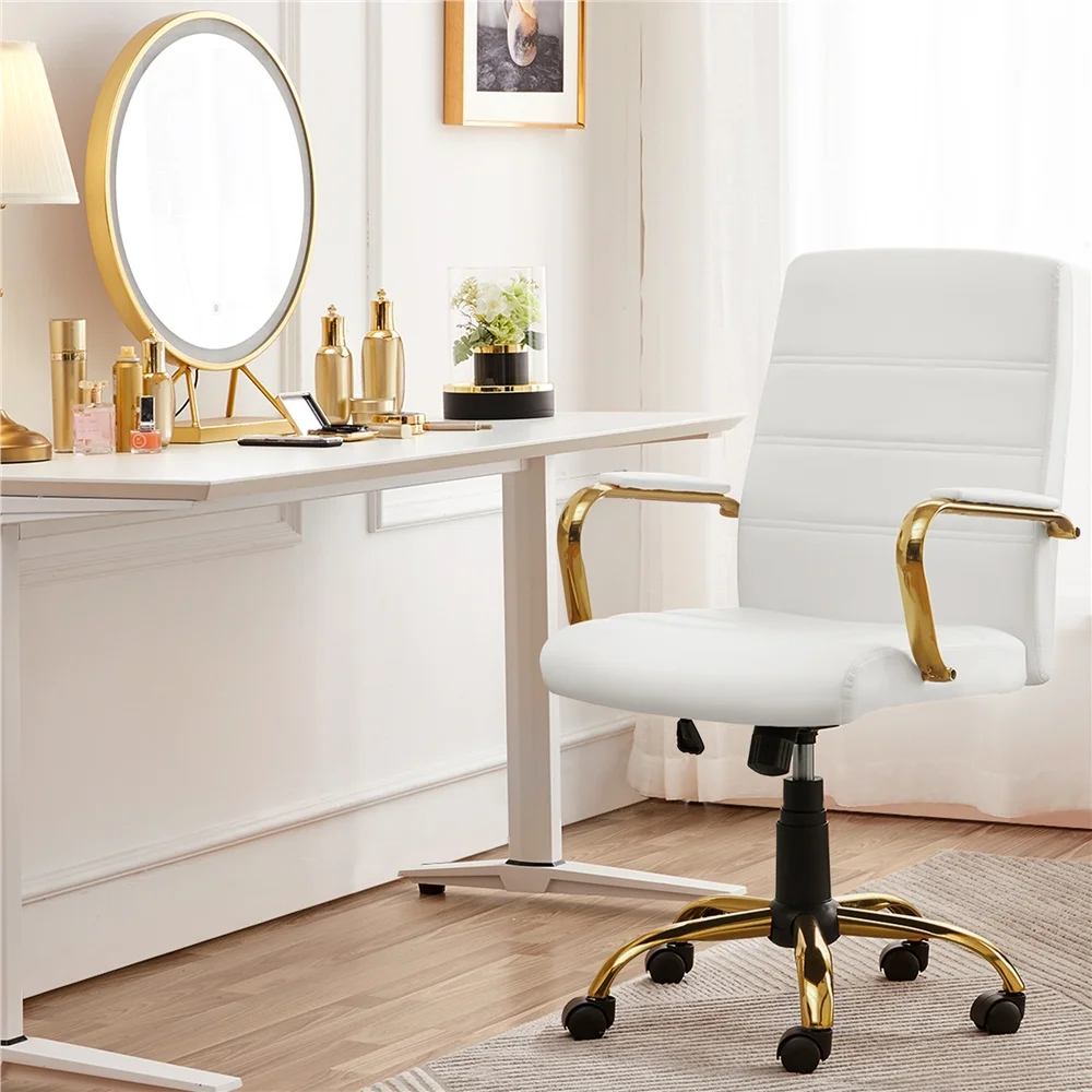 Yaheetech 360° Swivel PU Leather Office Chair with Gold Frame, White