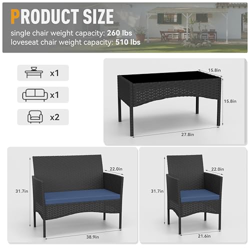 Kurapika Patio Furniture Set 4 Pieces Outdoor Wicker Rattan Chairs Conversation Sets w/Coffee Table, Rocking Bistro Set, for Patio Backyard Lawn (Navy Blue)