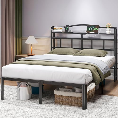 Full Size Bed Frame - Storage Headboard with Charging Station, 14 Inch Sturdy Metal Platform Bed Frame No Box Spring Needed, Easy Assembly, No Noise, Black