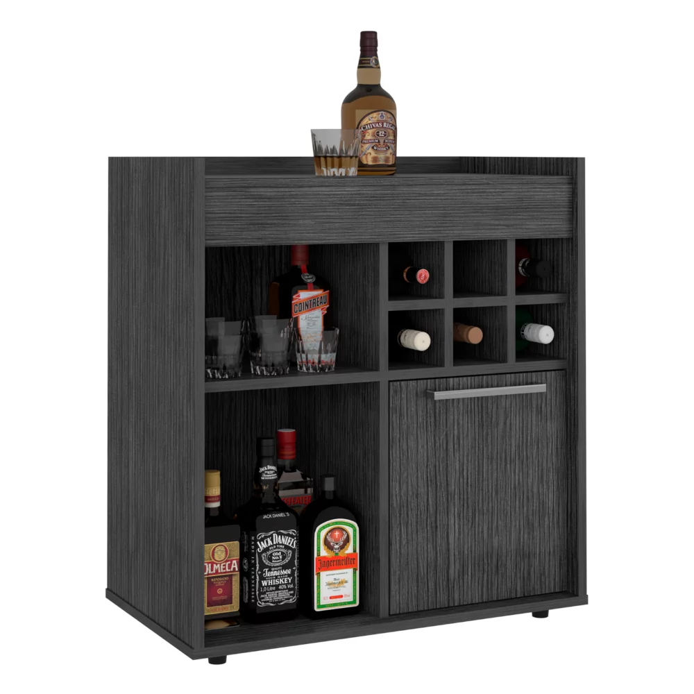 Treevol Furniture, Bar Cabinet Dext, Two Concealed Shelves, Six Wine Cubbies, Light Gray Finish