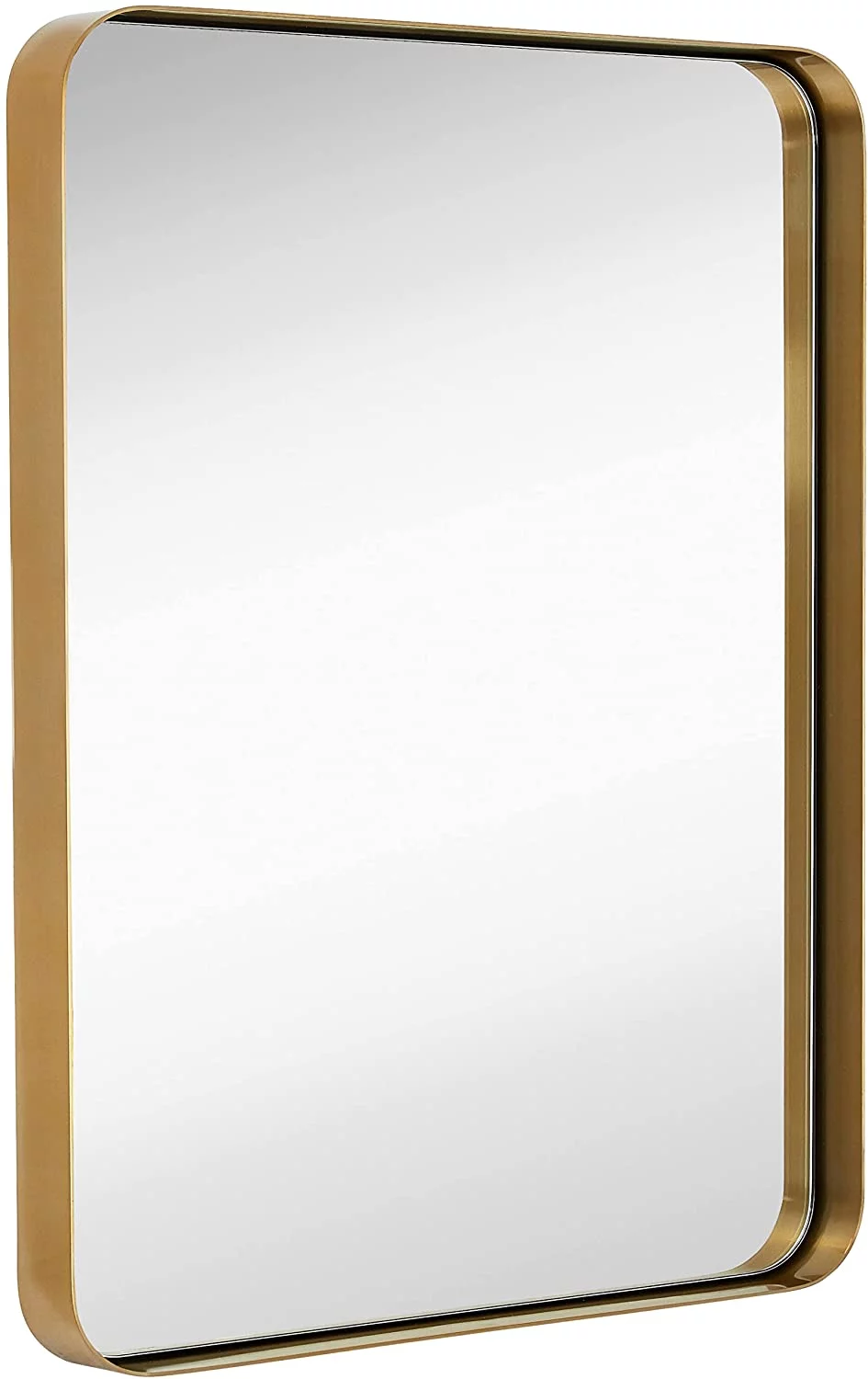 Hamilton Hills Contemporary Brushed Metal Wall Mirror Glass Panel Gold Framed Rounded Corner Deep Set Design Mirrored Rectangle Hangs Horizontal or Vertical (22