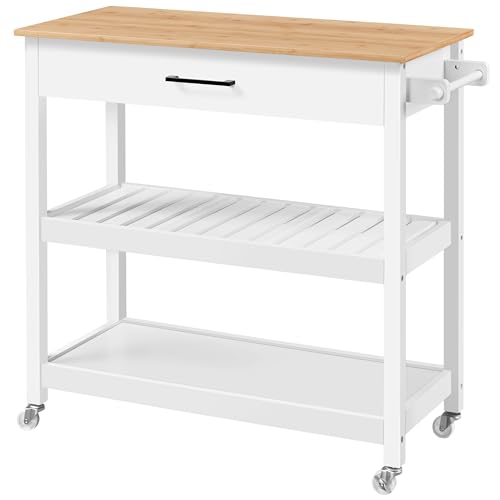Yaheetech Kitchen Island Cart on Wheels with Bamboo Tabletop, 3-Tier Rolling Kitchen Island Microwave Cart with Drawer, Detachable Towel, 3 Hooks, 17