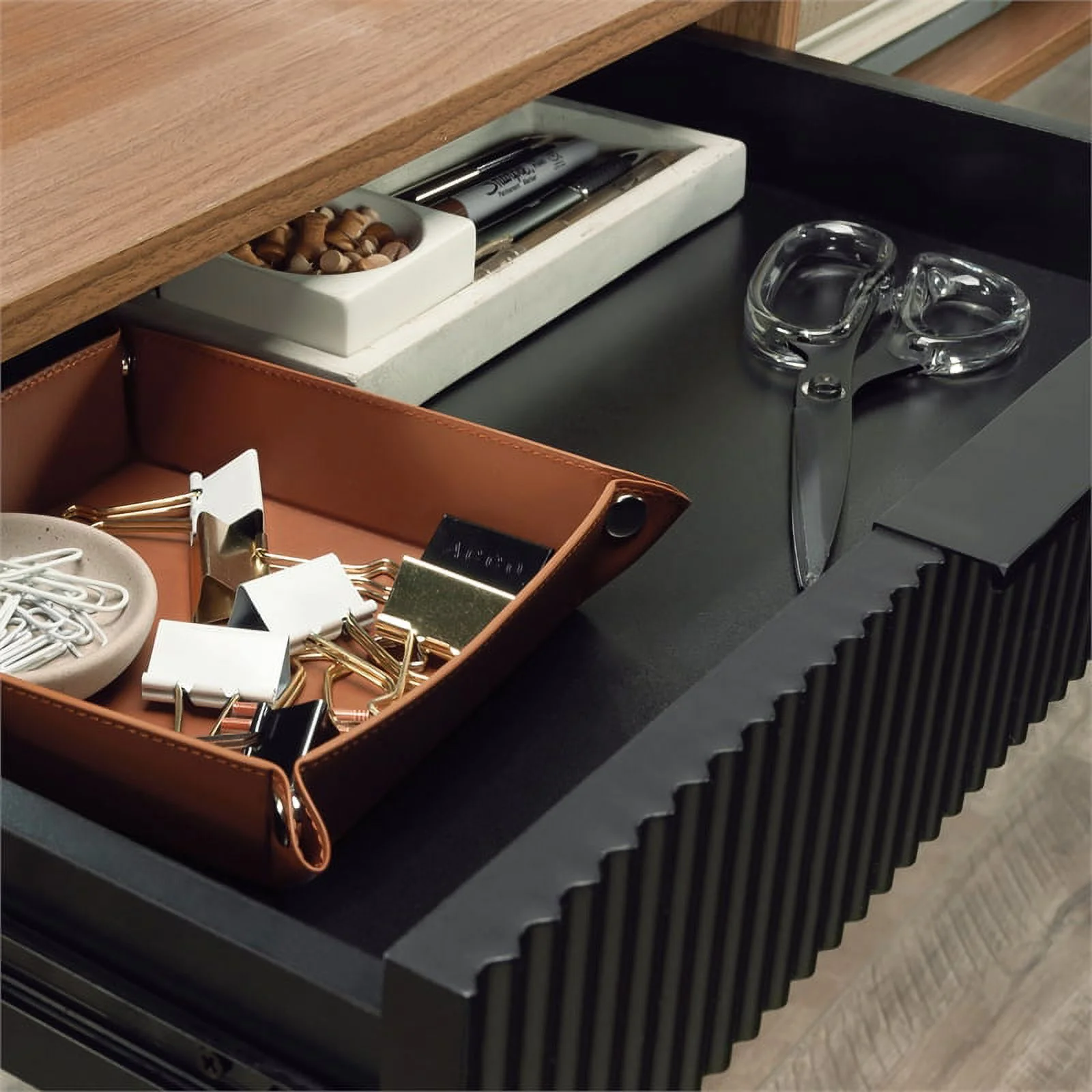 Sauder Ambleside Engineered Wood/Metal L-Desk in Serene Walnut