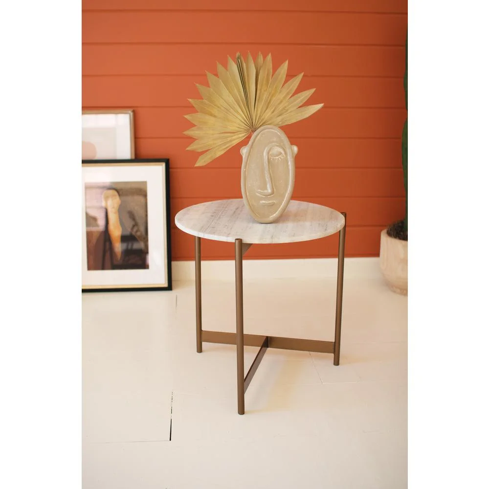 Iron Side Table With Marble Top Brass/White