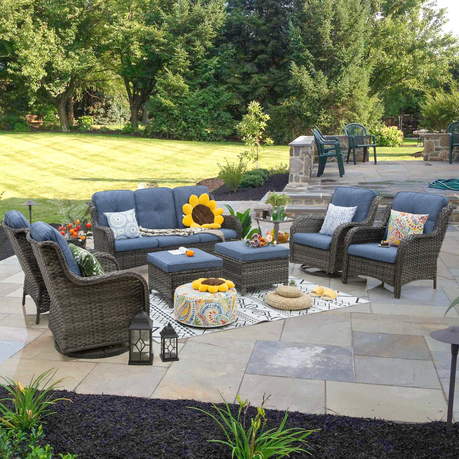 MeetLeisure 8 Pieces Outdoor Furniture Patio Furniture Set with One 3-Seat Sofa, Two Swivel Rocking Chairs,Two Armchairs, Two Ottomans,One Side Table, Navy