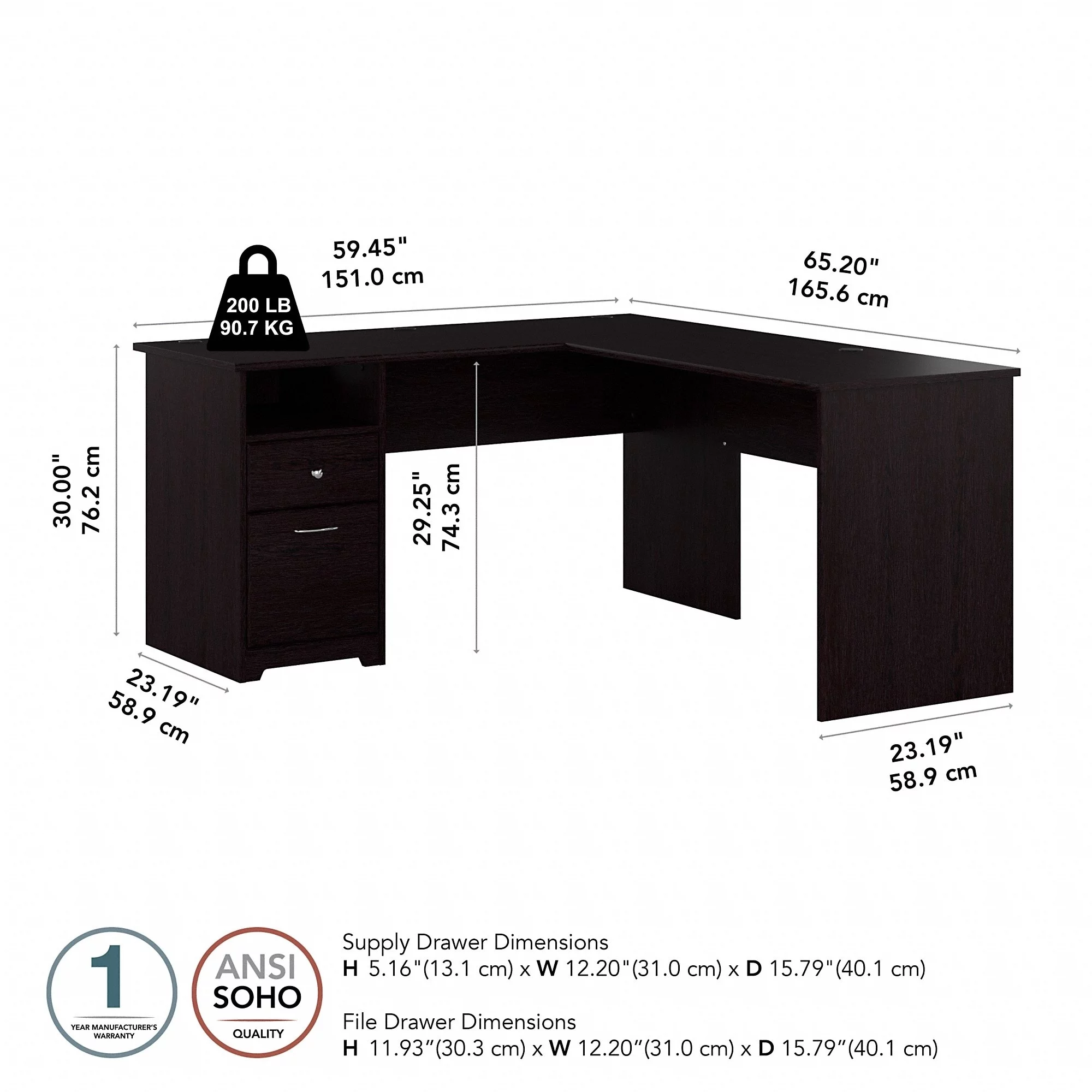 Cabot 60W L Shaped Desk with Drawers in White - Engineered Wood