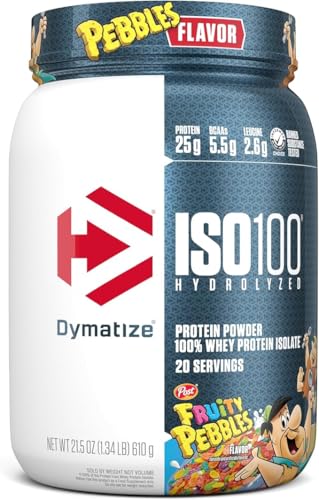 Dymatize x Fruity Pebbles ISO100 Whey Protein Powder Isolate, 25g of Protein, 20 Servings, 5.5g BCAAs, 120 Cal., Gluten Free, 1g Fat, 1g Sugar, 2g Carb