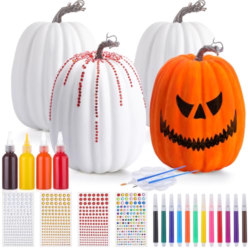Hollowfly 4 Sets 9.1 Inch Large Halloween DIY Fall Pumpkin Painting Kits Jumbo Artificial Pumpkins Decorative Assorted White Fall Big Foam Pumpkins Craft Gifts Thanksgiving Party Holiday Decoration
