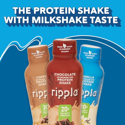 Ripple Vegan Protein Shake | Chocolate | 20g Nutritious Plant Based Pea Protein | Shelf Stable | No GMOs, Soy, Nut, Gluten, Lactose | 12 Oz, 12 Pack