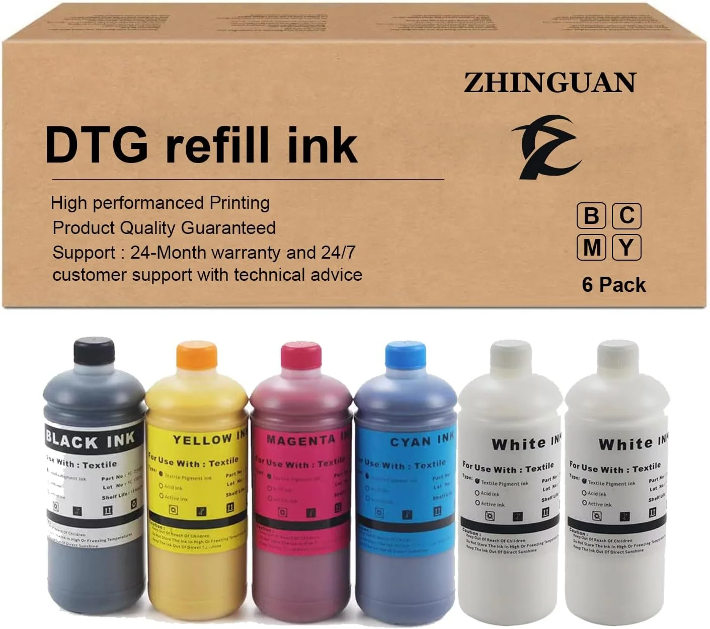 6PK DTG Ink UltraChrome Refill Ink Work for SureColor F2000 F2100 DX2 DX4 DX5 DX6 DX7 DX10 TX800 5113 4720 I3200 Printer (1000ML/Bottle)