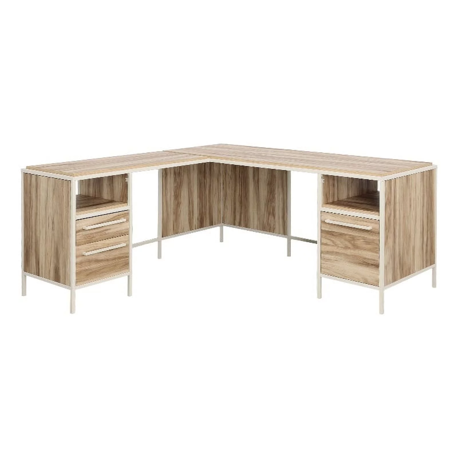 Pemberly Row Engineered Wood L-Desk in Kiln Acacia / Brown Finish