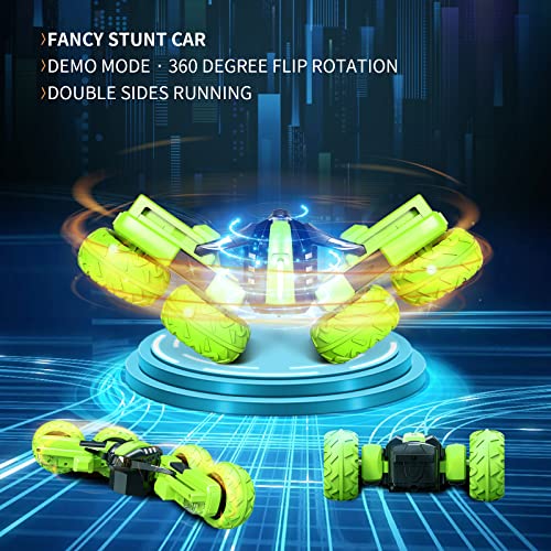 Remote Control Car for Kids 3-12 Years Old, Birthday Gift Toy for Boys Age 4 5 6 7 8, RC Car Stunt with Light 4WD Double Side Racing Vehicle 360° Flips Offroad Indoor Outdoor Sand Grass Garden Green