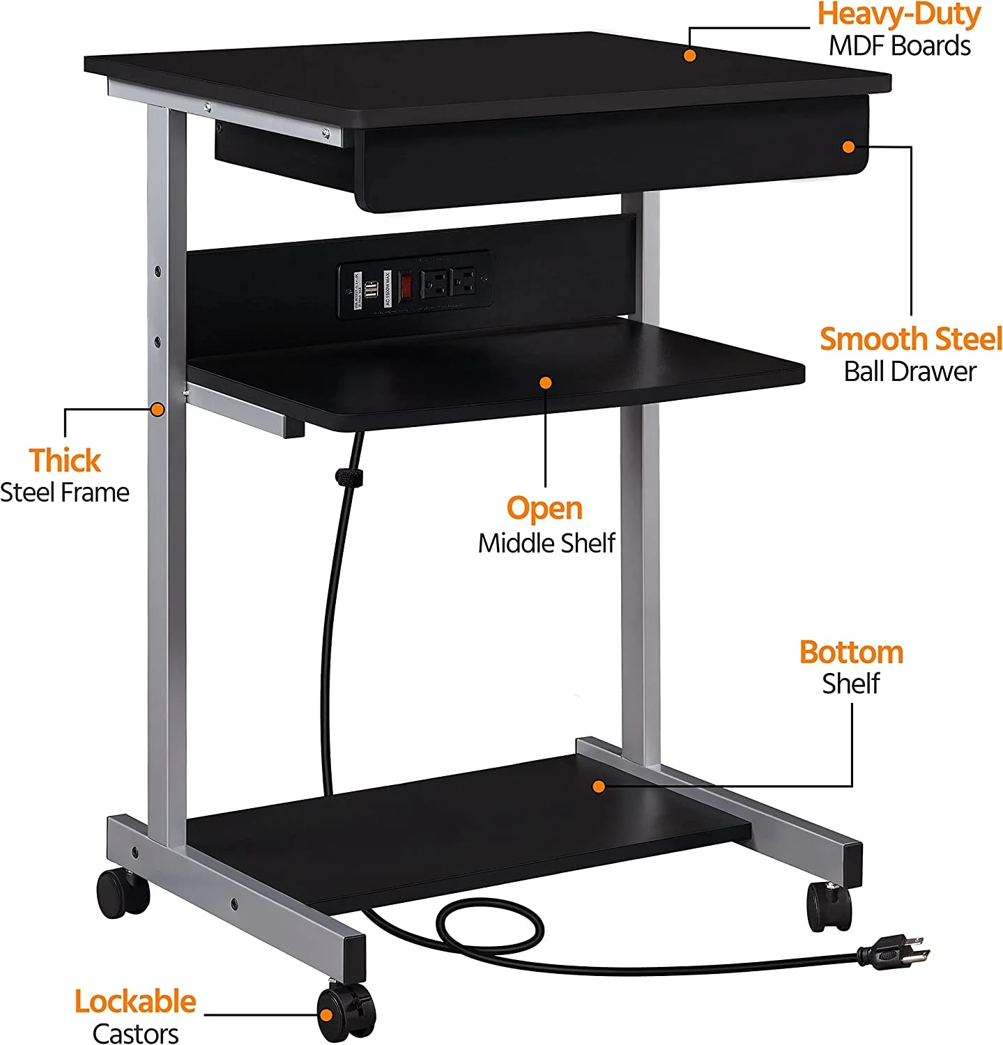 Laptop Desk Compact Computer Table On Wheels With Power Outlet And Usb Ports, Home Office Writing Desk With Charging Station And Printer Shelf Small Desk 22In For Space Saving, Black