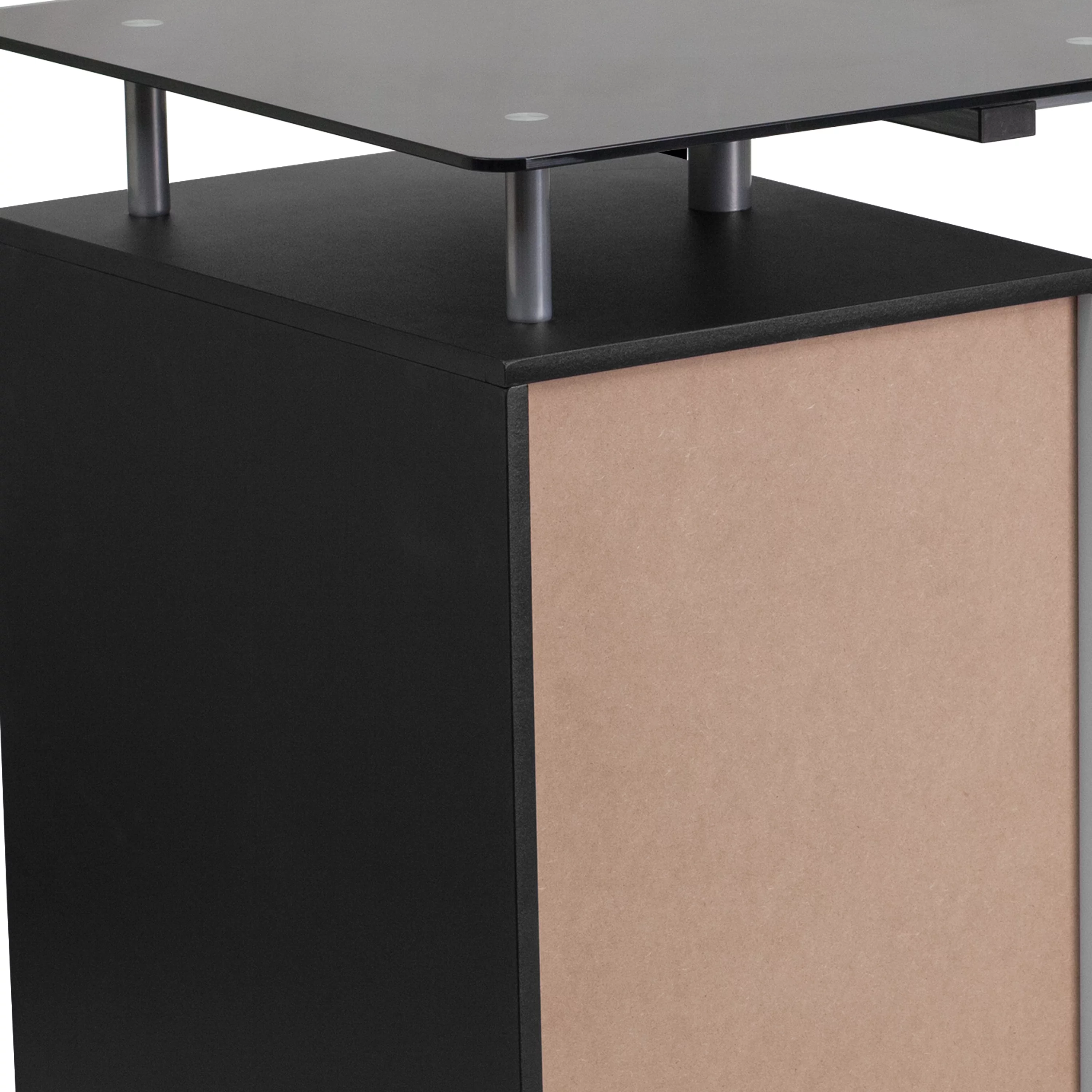 Emma + Oliver Black Glass Computer Desk with Three Drawer Pedestal