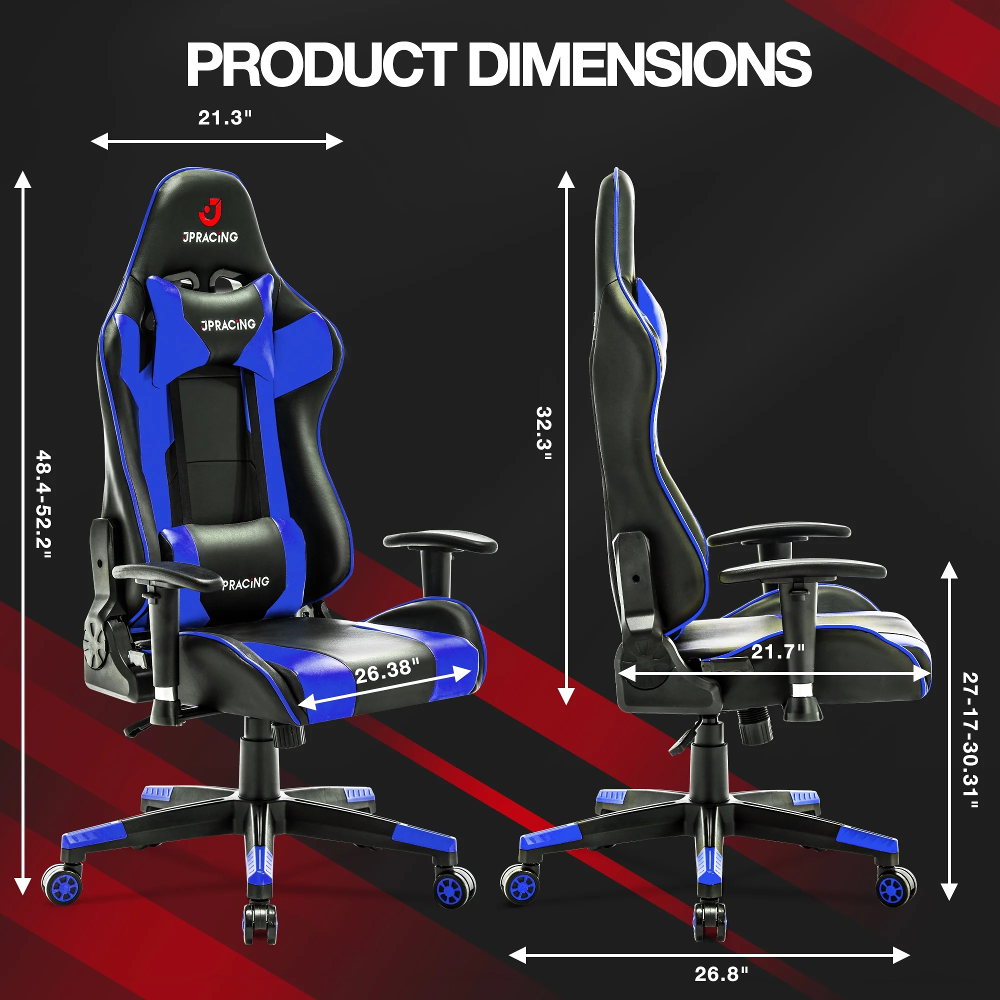 JONPONY Gaming Chair Office Chair PU Leather with Adjustable Headrest,Blue