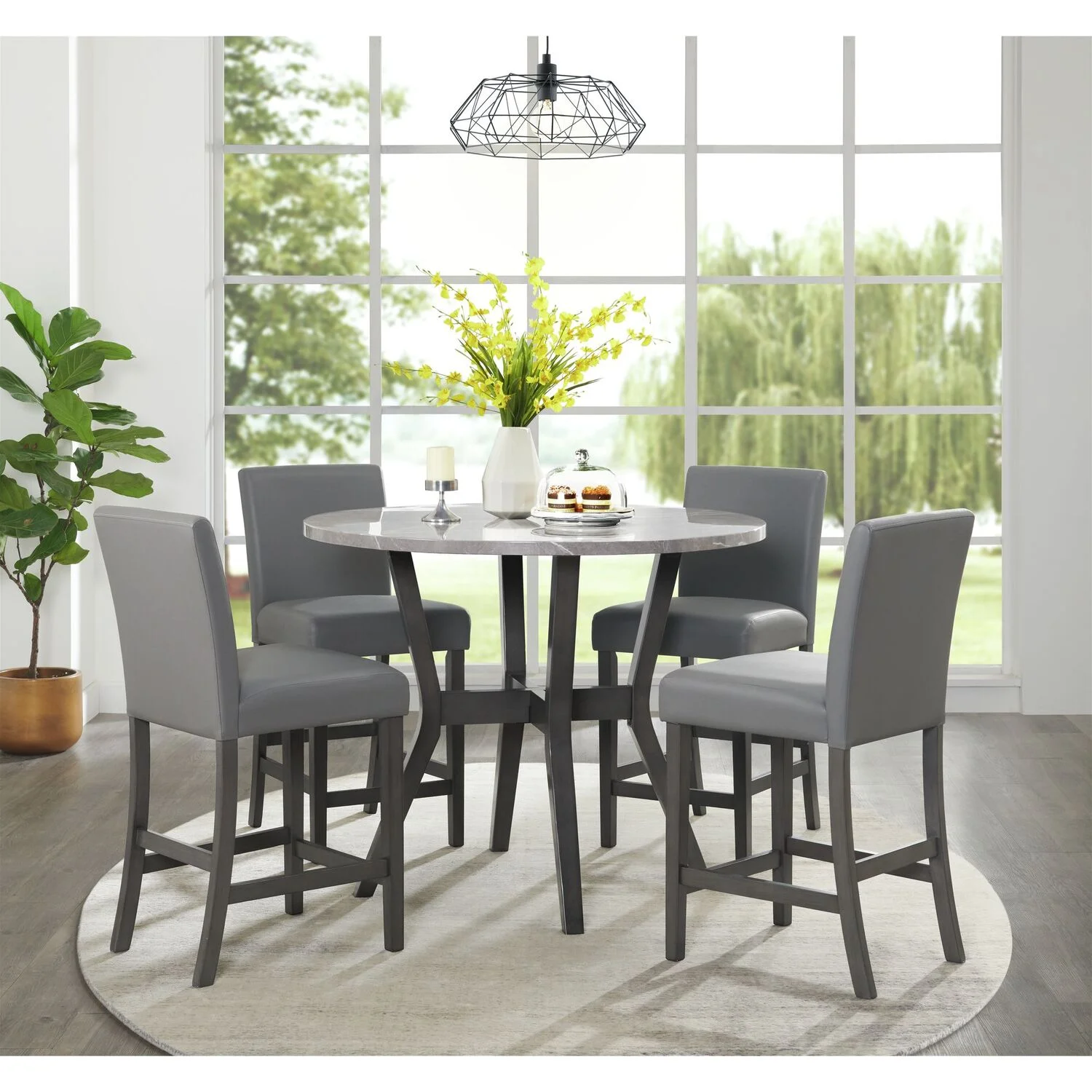 Picket House Furnishings Vania 5PC Round Counter Set With Faux Marble Top in Brushed Grey