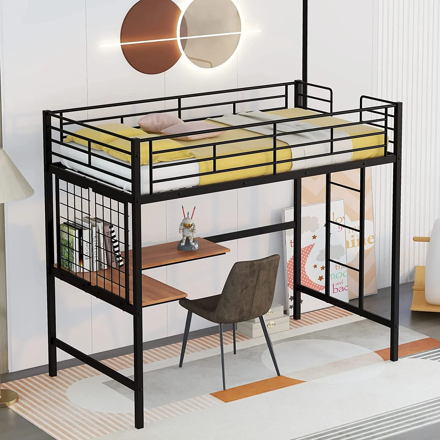 Size Metal Loft Bed With L-Shape Desk, Metal Grid And Full Length Guardrails, Space-Saving Loft Bed For Bedroom, Black