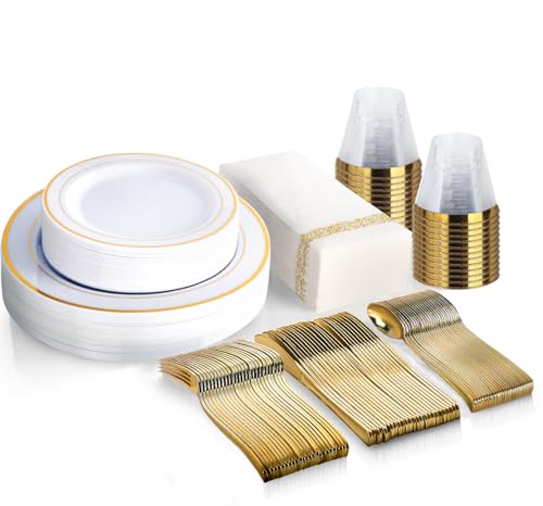 M MCIRCO 175 Piece Gold Dinnerware Set - 50 Gold Rim Plastic Plates - 25 Gold Plastic Silverware - 25 Gold Plastic Cups - 25 Gold Paper Napkins, 25 Guest Disposable Gold Dinnerware Set