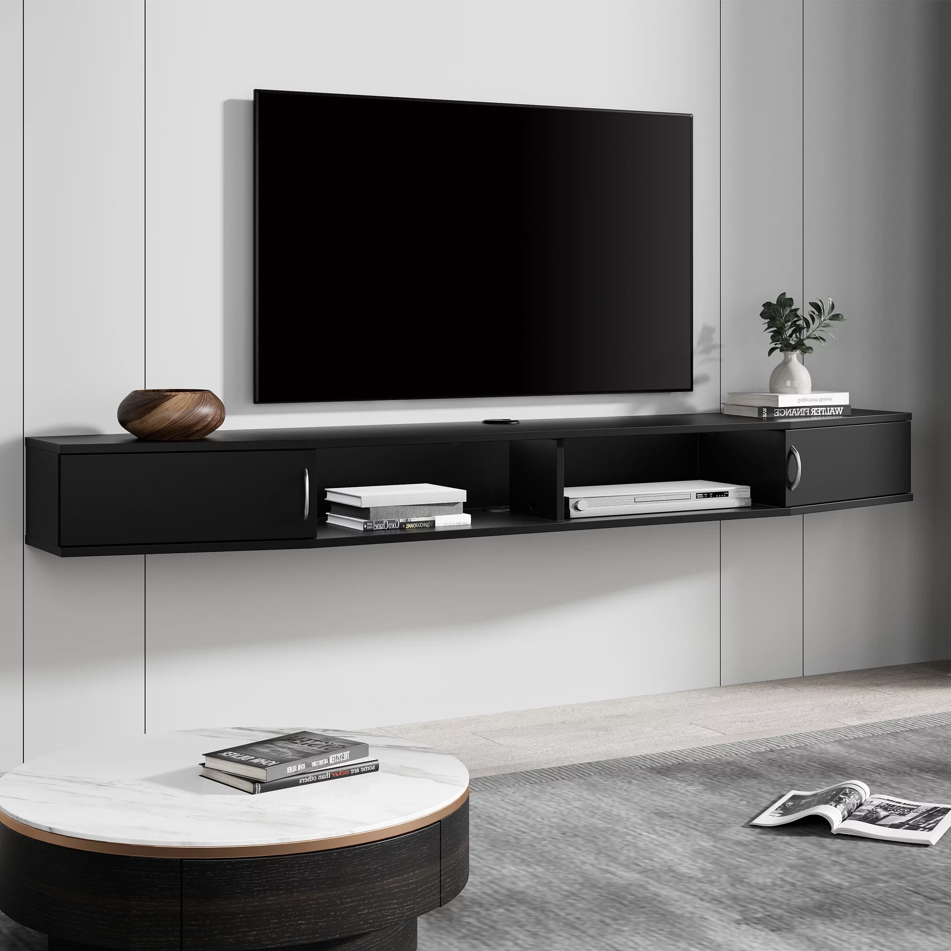 Floating TV Stand Wall Mounted Shelf,Wood Media Console Entertainment Center Under TV, Cabinet Hutch Desk Storage for Home and Office,Black