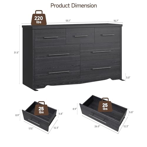 Black 7 Drawer Dresser for Bedroom, 55