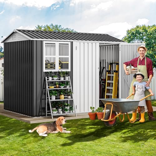 DWVO 8x6ft Metal Outdoor Storage Shed with Window, Lockable Tool Storage Sheds, Oversized Steel Garden Sheds with Sloped Roof for Backyard, Patio, Garage, Lawn (Gray + White)