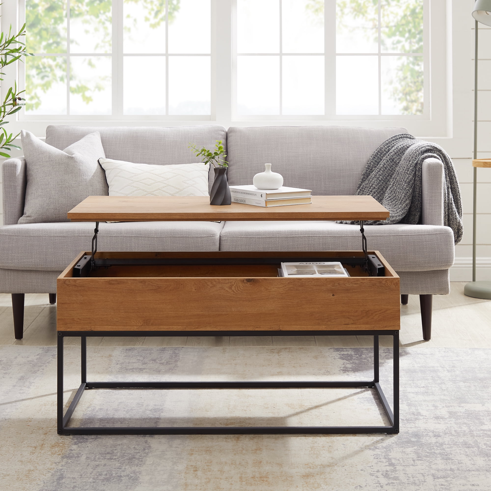 Walker Edison Modern Wood and Metal Lift-Top Coffee Table, English Oak