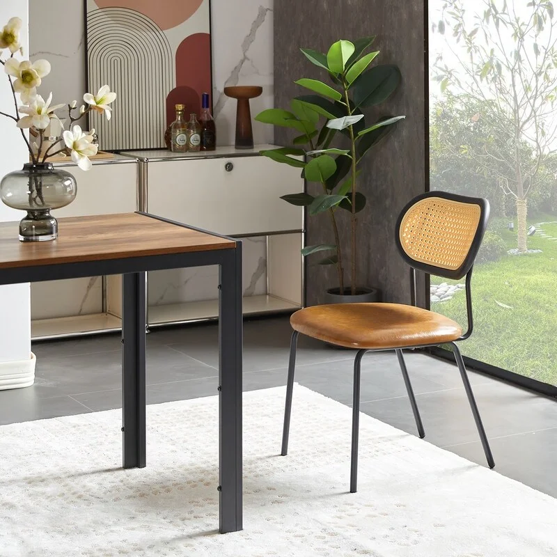 Mid Century Boho Rattan Dining Chairs Set Of 2, Stylish Upholstered Accent Chairs with PU Leather Cushion, Armless Side Chairs Brown