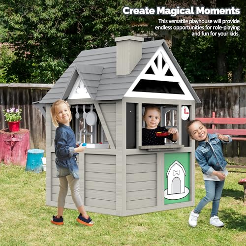Outdoor Kids Playhouse, All Fir Gray Modern Wooden Playhouse, Indoor and Outdoor Cottage Play House with Sink, Stove, Cookware, Windows, Flowerpot Holders, Working Doorbell, for Kids Ages 3-8