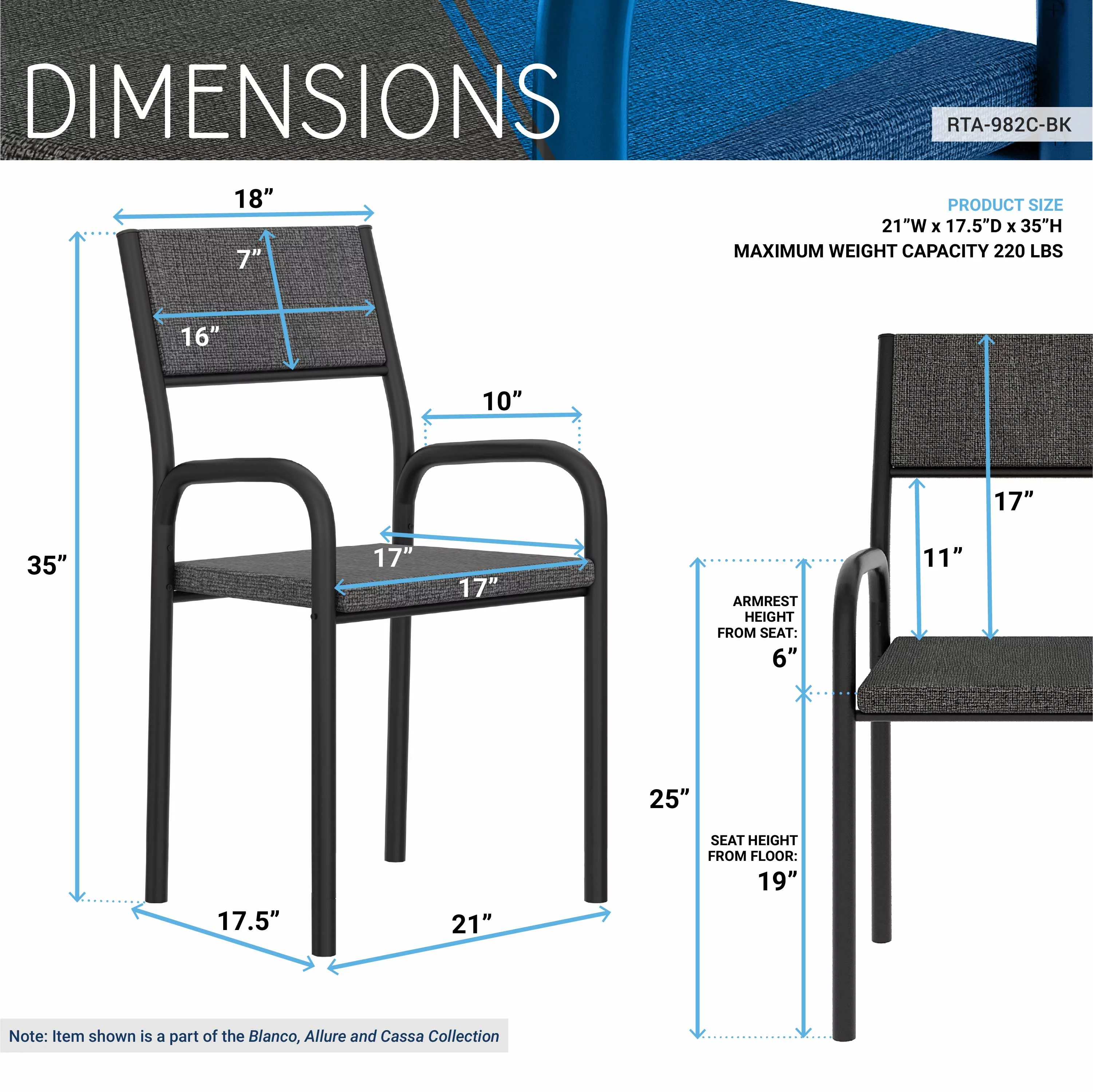 Techni Mobili  Visiting Office  Desk Chair with Metal Frame , Fixed Armrest, Black