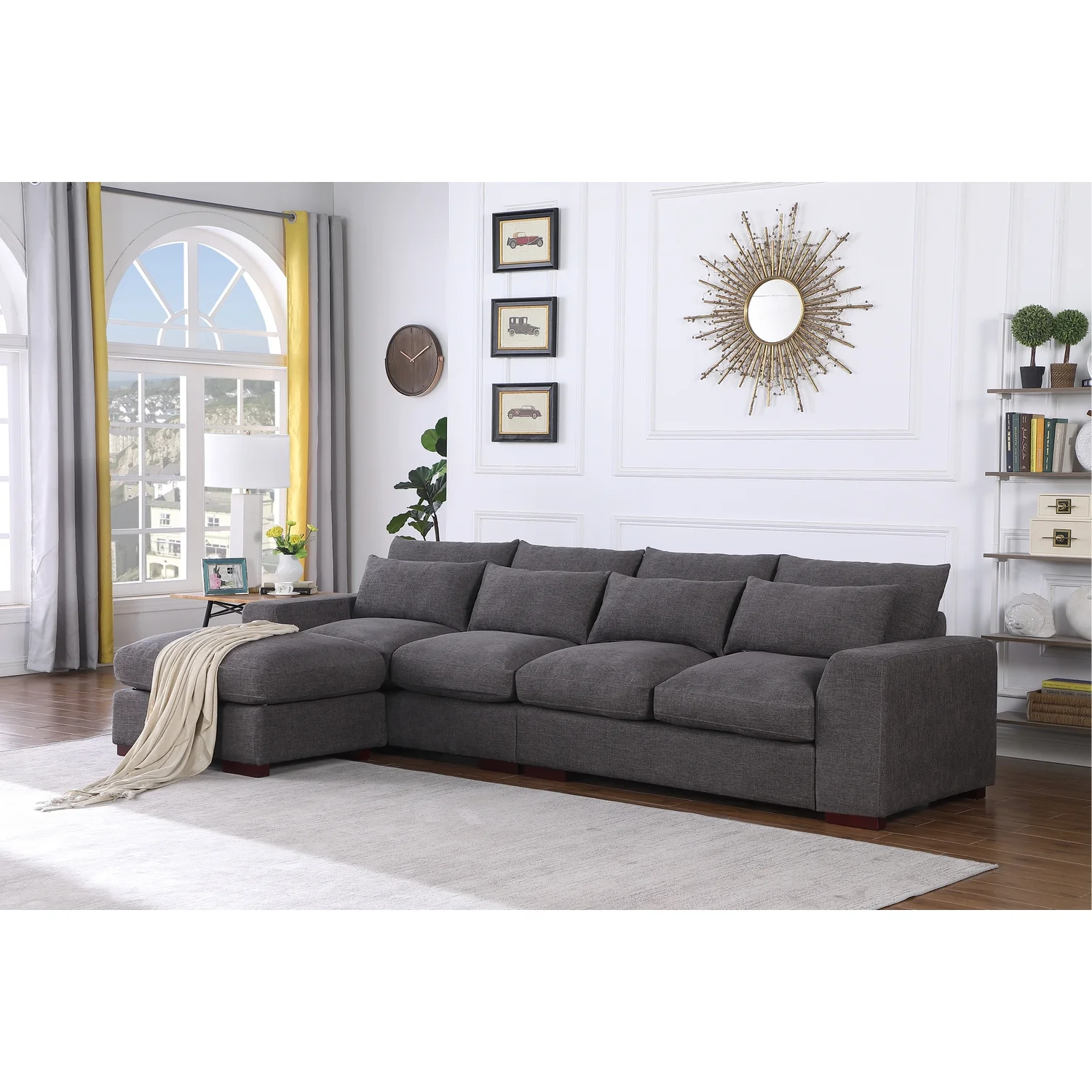 Devion Furniture 123.24'' Fabric Square Arm Modular Reversible Sectional Sofa & Ottoman-Dark Gray
