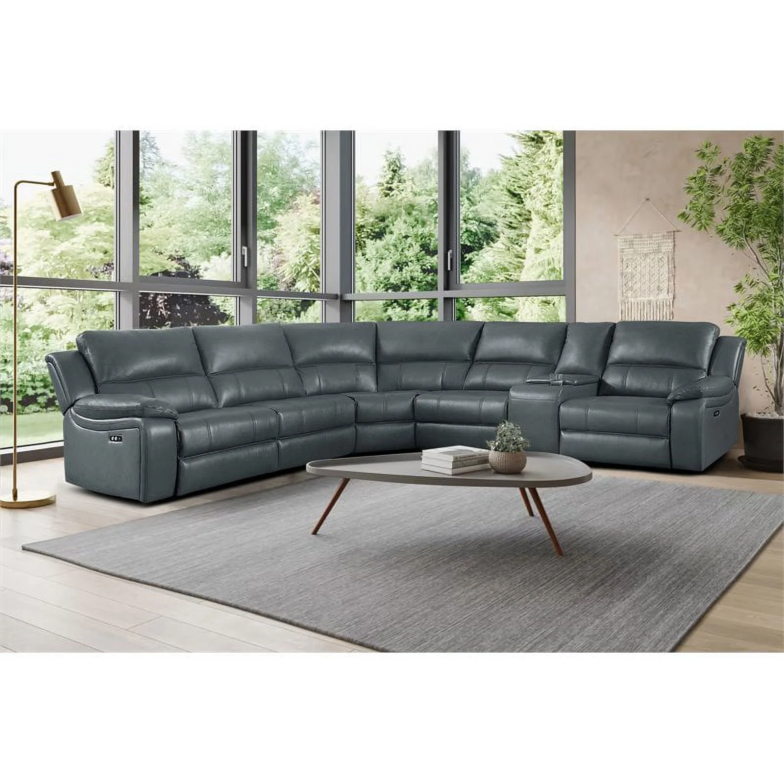 Bowery Hill 6-Piece Modern Wood & Faux Leather Sectional Set in Gray