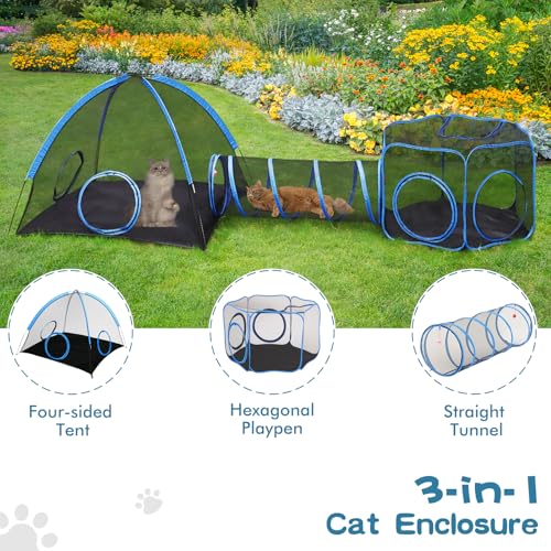 Outdoor Cat Enclosure, 4-in-1 Cat Tent Outdoor Pet Playpen with Tunnel, Portable Catio Play Pen for Outside and Indoor Cat Enclosure with Storage Bag for Kitty and Small Animals