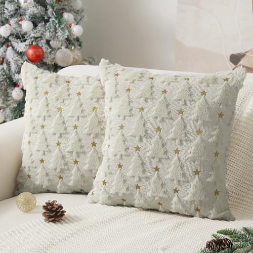 Christmas Pillow Covers 18 x 18 inch Set of 2 Dark Green Christmas Tree Pillow Covers Decorations Plush Faux Fur Soft Cushion Case for Winter Xmas Holiday Home Bedroom Sofa Decors PT004-A18