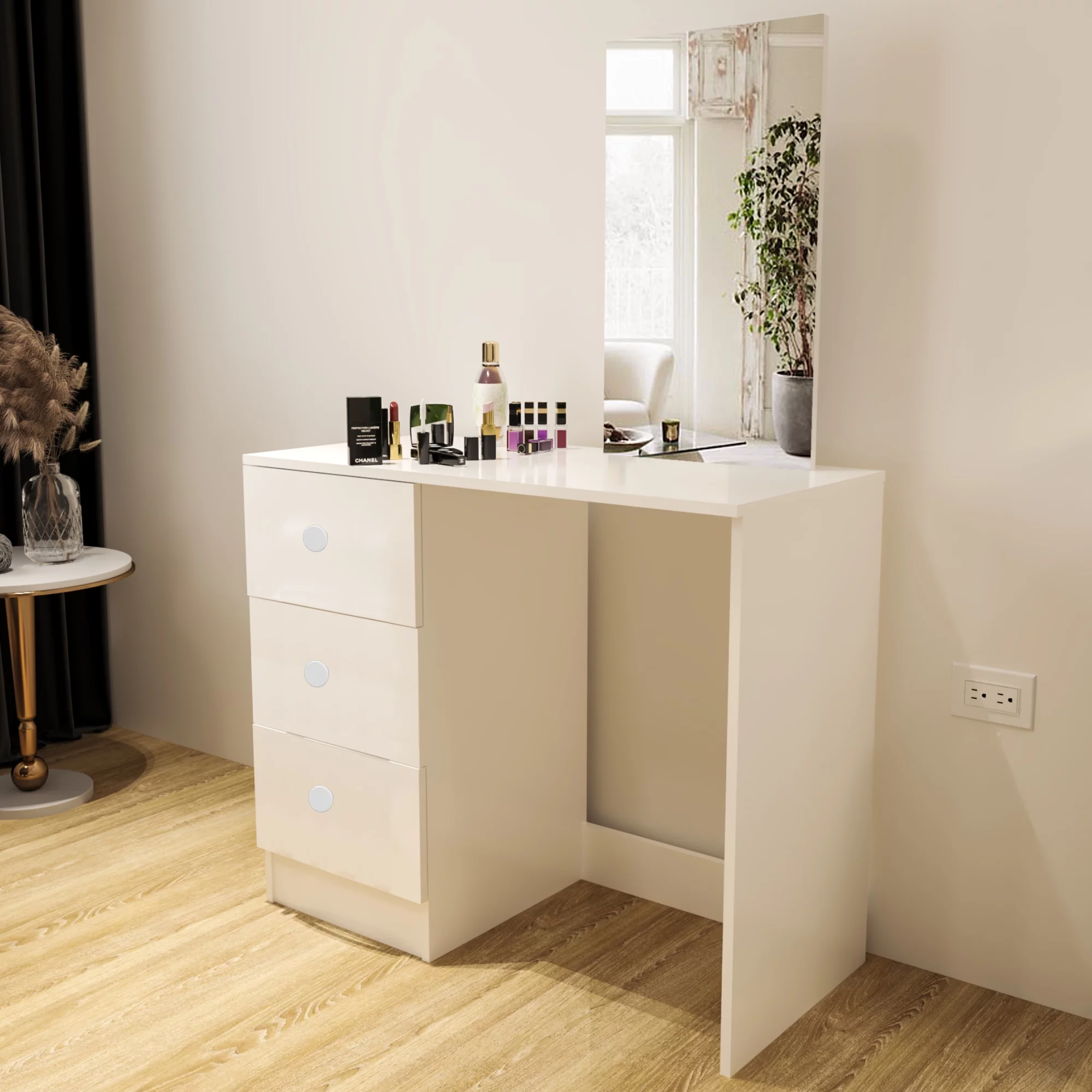 Boahaus Kira Mini Modern Vanity Table 3 Drawers, Mirror, Ample Table Top, White Painted for Bedroom