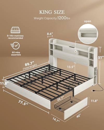YITAHOME Queen Bed Frame with Bookcase Headboard and 4 Storage Drawers, RGB LED Bed Frame with Type-C & USB Charging Station Storage Headboard Bed, No Box Spring Needed, Noise Free, Black