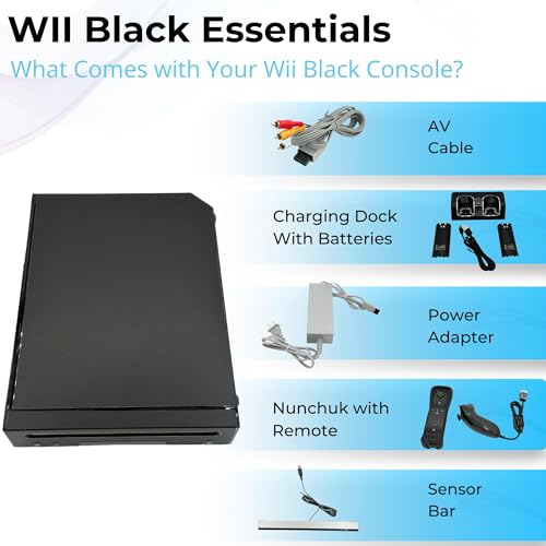 Black Premium Wii Console with 1-Year Warranty Includes 2 Remotes, 2 Nunchucks, Dual Dock Stand, Sensor Bar, AV Cable and 2 Gaming Sleeves (Renewed)