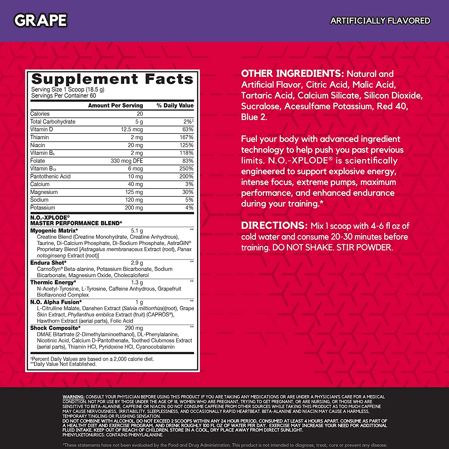 BSN N.O.-XPLODE Pre Workout Powder, Energy Supplement for Men and Women with Creatine and Beta-Alanine, Flavor: Grape, 60 Servings