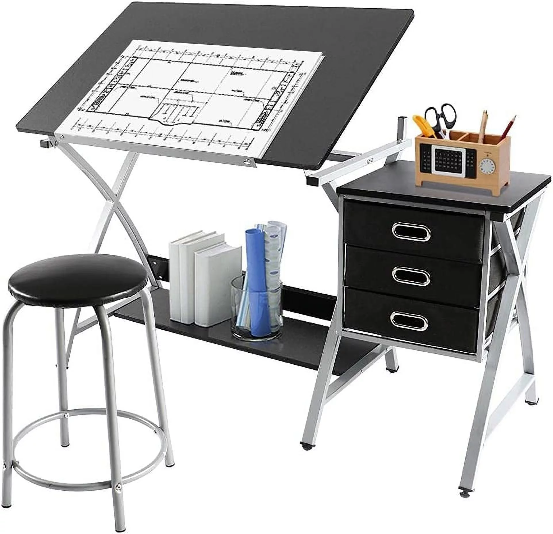 Drafting Desk, Drawing Table for Artists/Adults, Art Desk w/Stool and 3 Slide Drawers, Painting Studio Design Work Station, Adjustable Tabletop, Modern, 50.5 x 24 x 45 inch