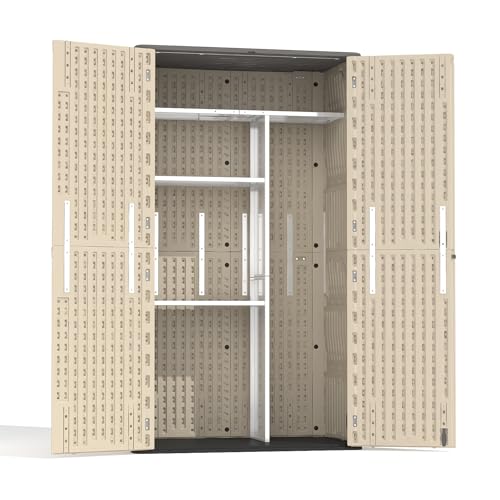 60 Cu.Ft Vertical Outdoor Storage Shed, All-Weather Resin Storage Cabinet Waterproof with Lockable Floor, Tall Backyard Shed for Patio Furniture, Garage, Garden, Pool Accessories, Porch (Khaki)